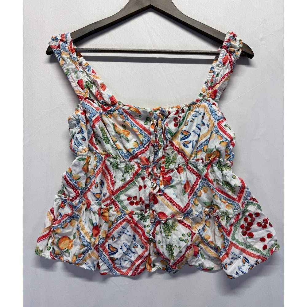 Rewind Tiered Woven Tank Top Womens M Multi Fruit Print Tie Neck‎ Button Front